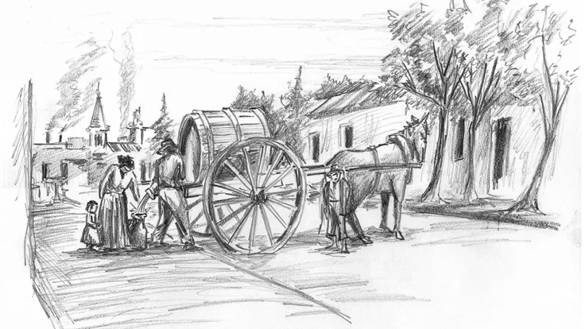 (Reparto de agua en Montevideo Colonial. Dibujo: Gerardo Barbano)